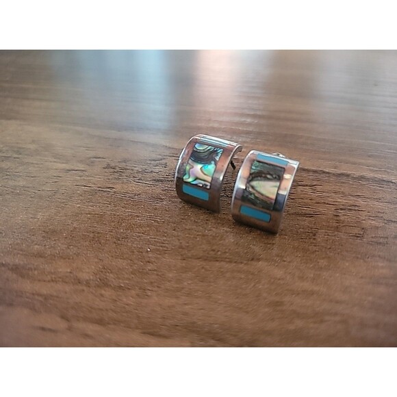 Vintage Sterling Silver Earrings Hoop Pierced Turquoise Abalone Inlay - Picture 6 of 12